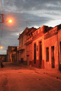 Camaguey street by night with red streetlights