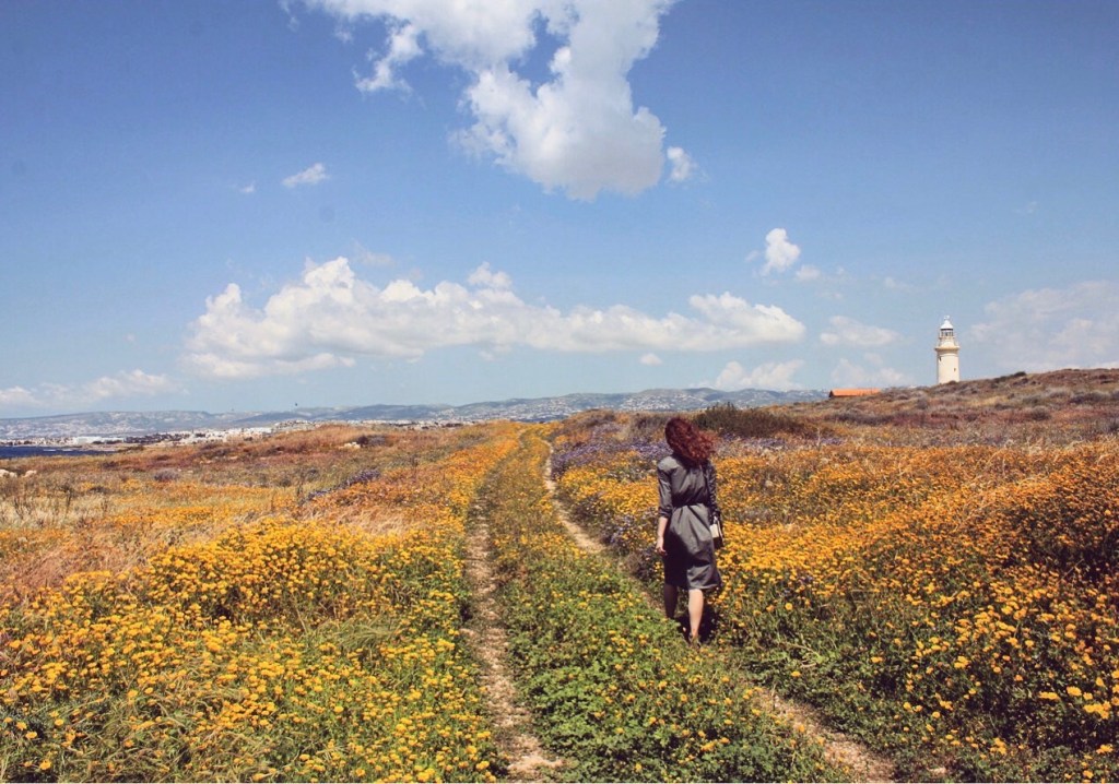 To the lighthouse in Paphos archeological park covered with spring flowers