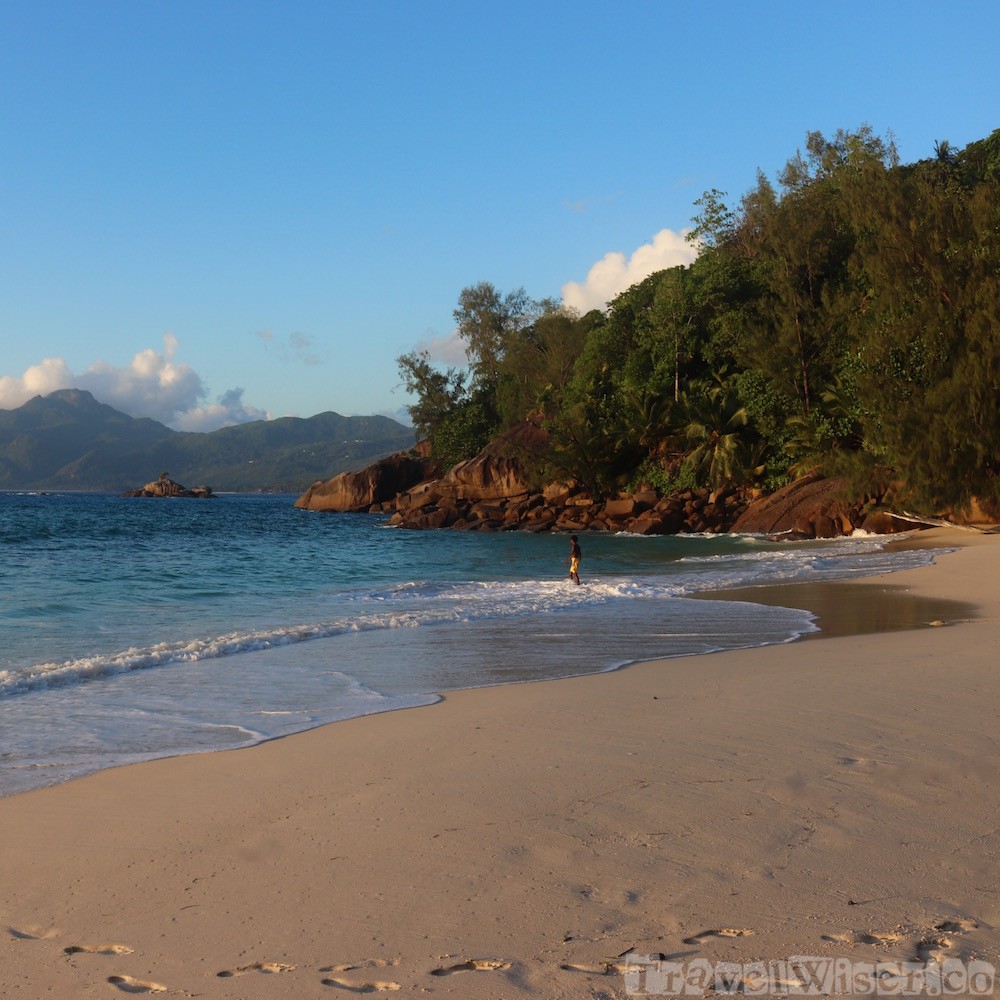 Anse Soleil beach at sunset, Mahe Island Seychelles