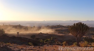 Dusty road through Tigray highland landscape