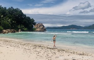 Anse Sévère with Praslin in the background, Seychelles