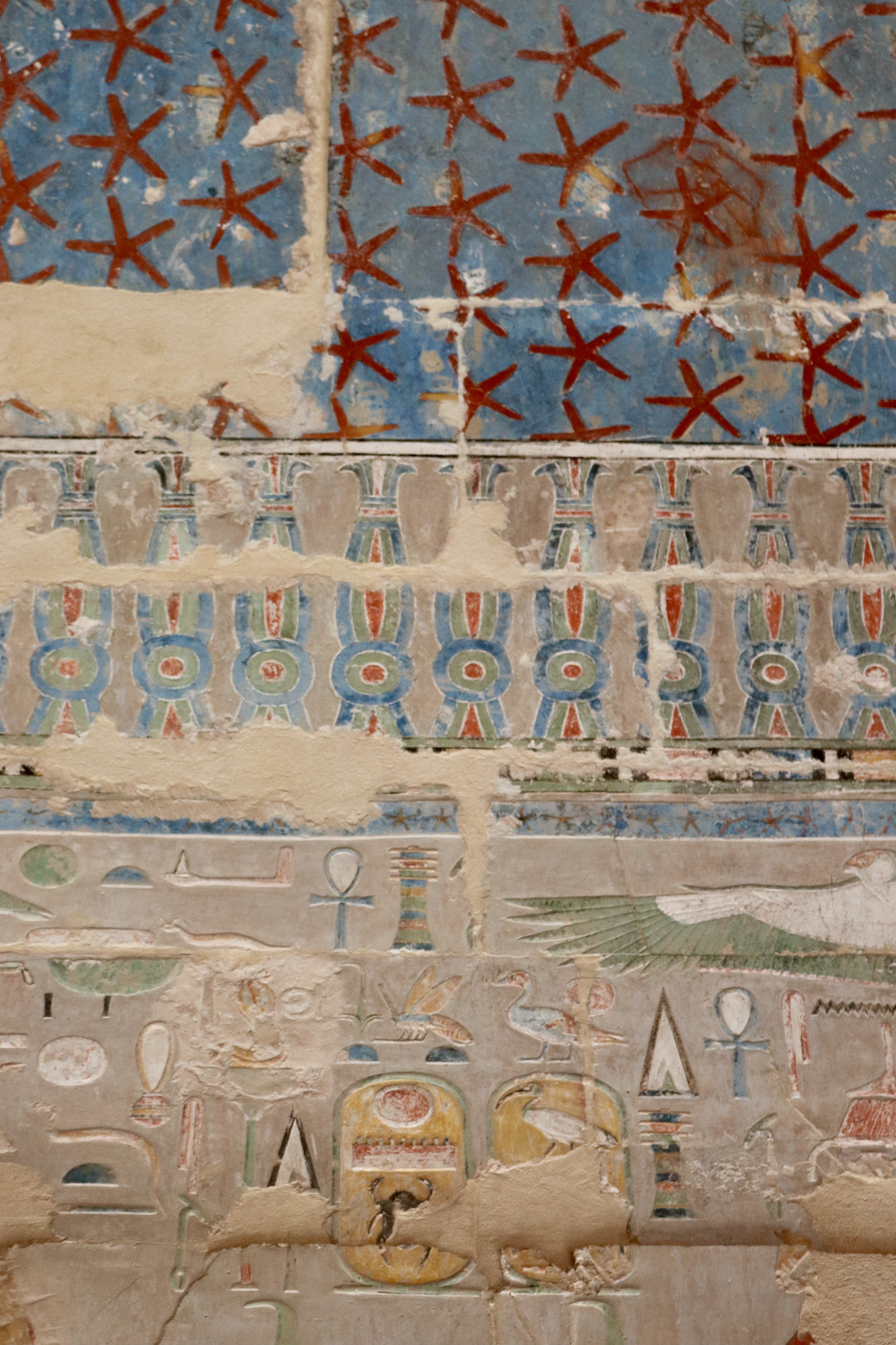 Hieroglyphs and decorations inside a tomb in the Valley of the Kings Luxor